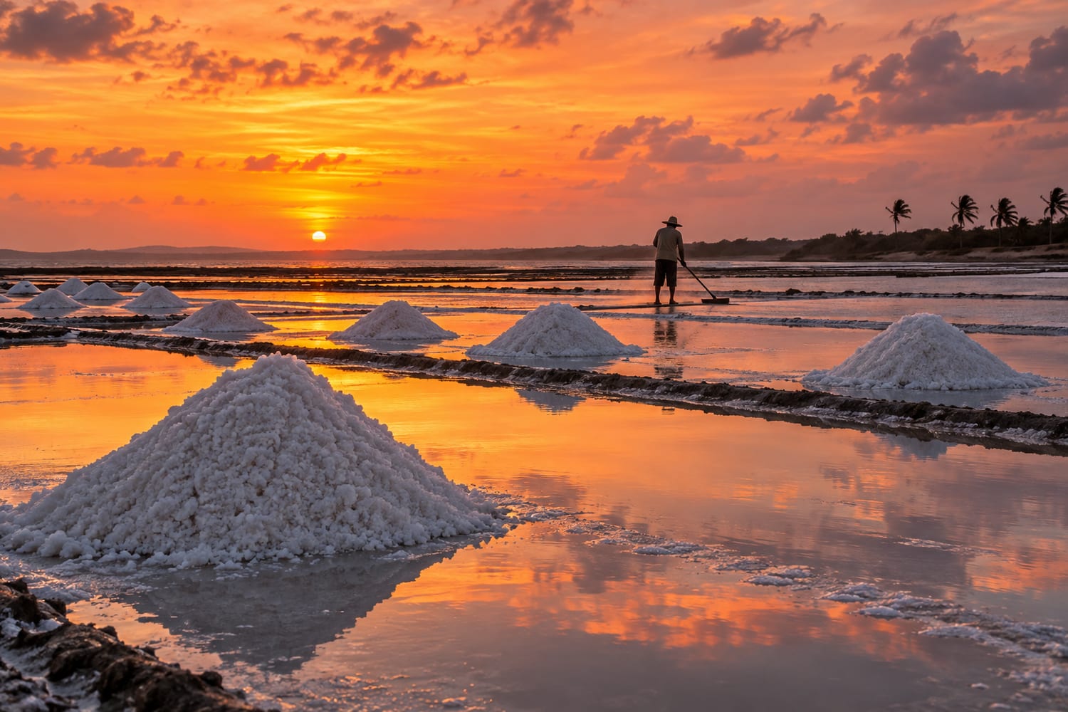Salina no litoral do Nordeste ao entardecer com montes de sal