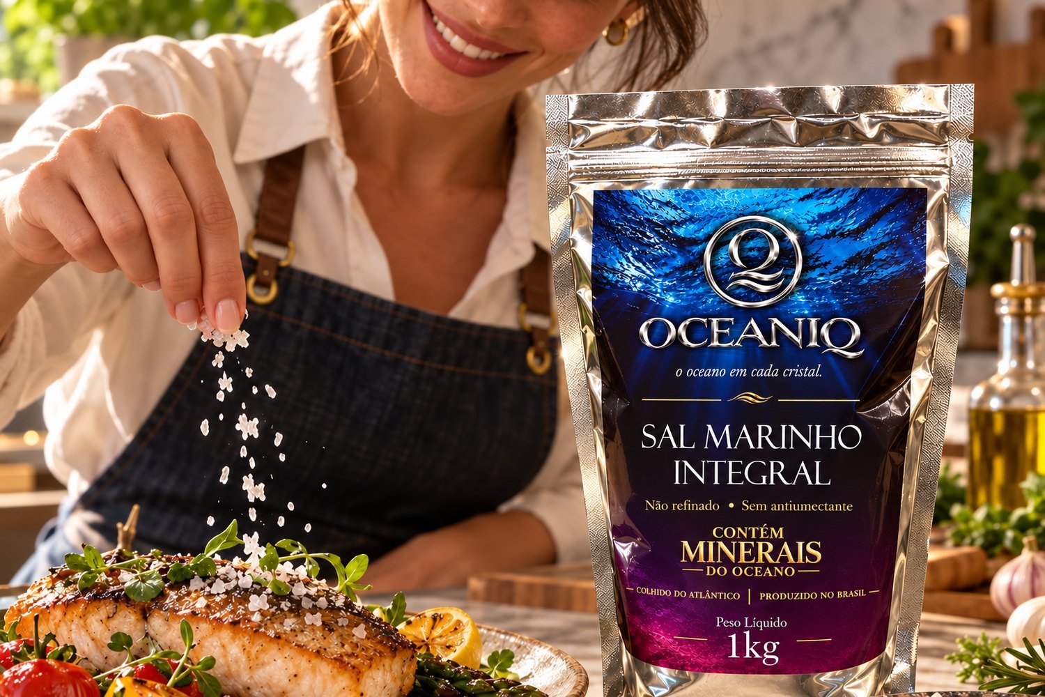 Mão finalizando um prato com uma pitada de sal ao lado do pouch OceaniQ