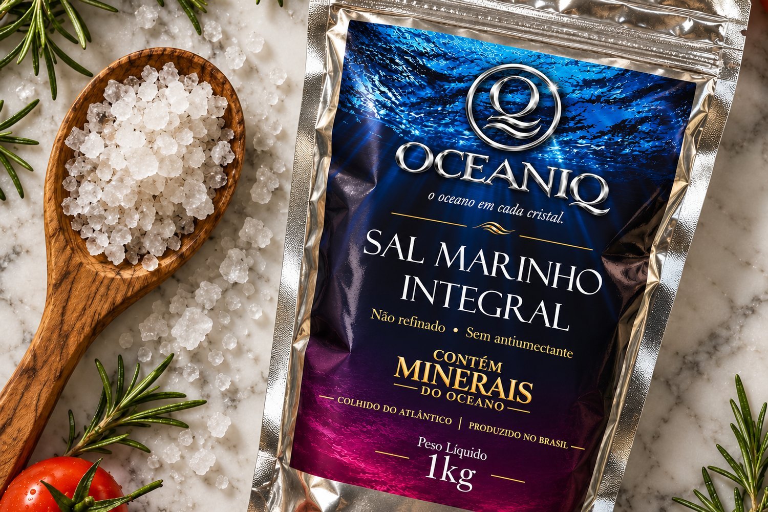 Sal Marinho Integral OceaniQ na bancada com colher de madeira cheia de cristais