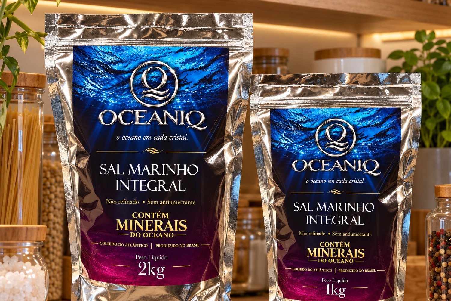 Pouches de Sal Marinho Integral OceaniQ na prateleira da despensa