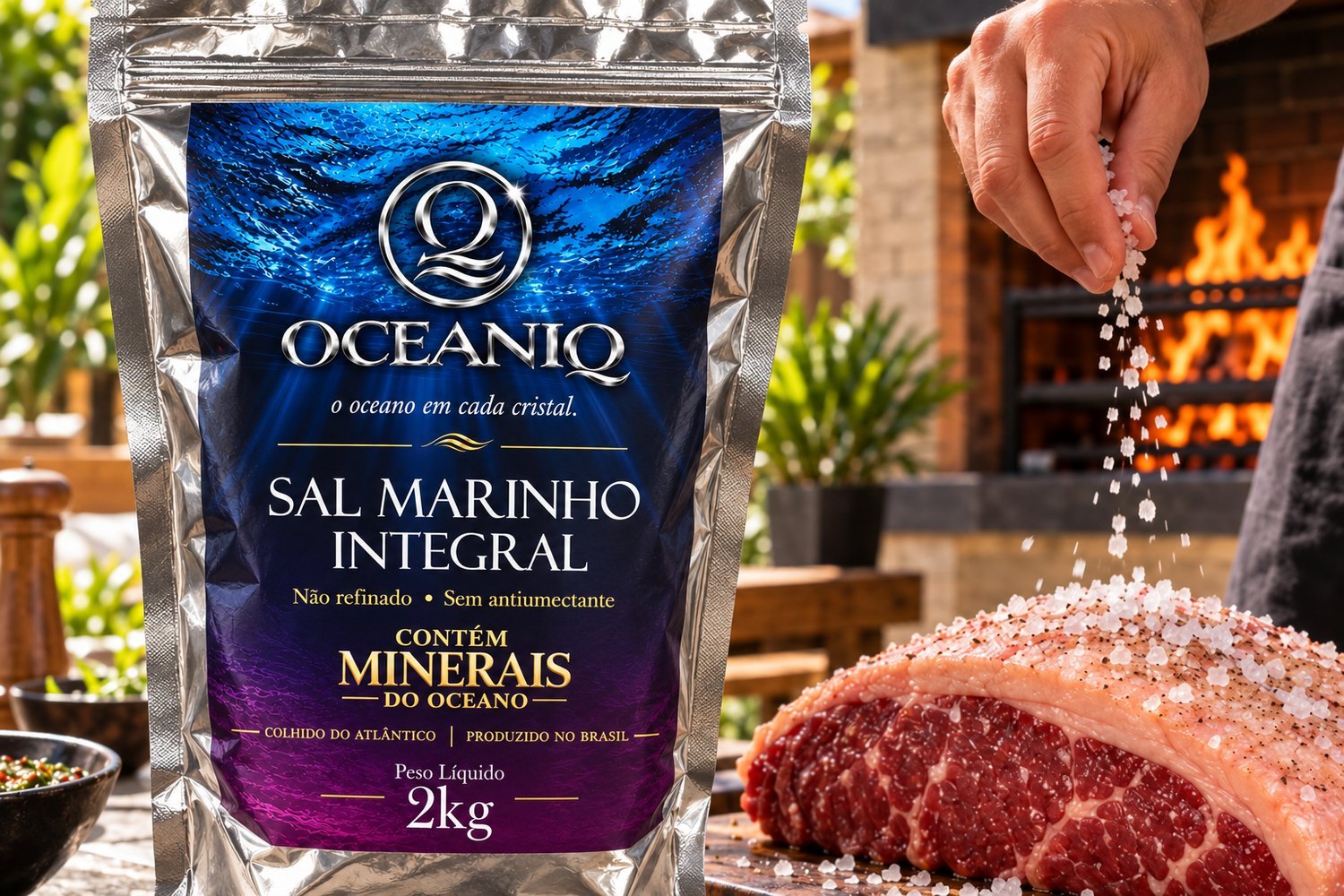 Sal Marinho Integral OceaniQ sendo jogado sobre uma picanha ao lado da churrasqueira