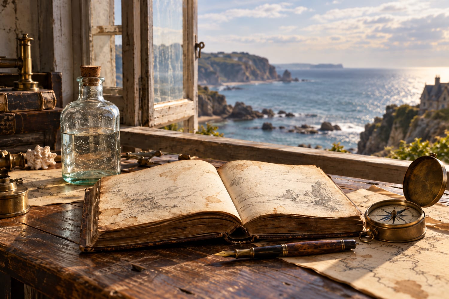 Livro antigo, frasco de água do mar e bússola diante de uma janela para o mar