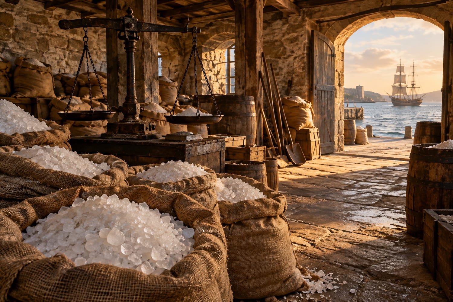 Armazém de sal de um porto colonial com sacas de sal grosso